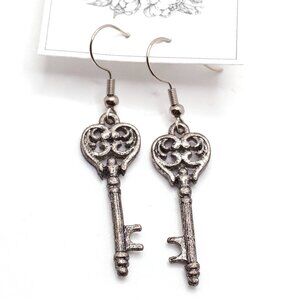 Handmade Silvertone Antique Key Drop Earrings, New